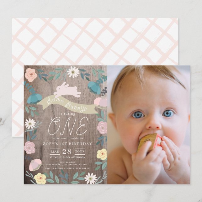Floral Garden Wood Bunny Girl Photo 1st Birthday Invitation (Front/Back)