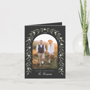 Floral Garland Arched Photo Black Christmas Card