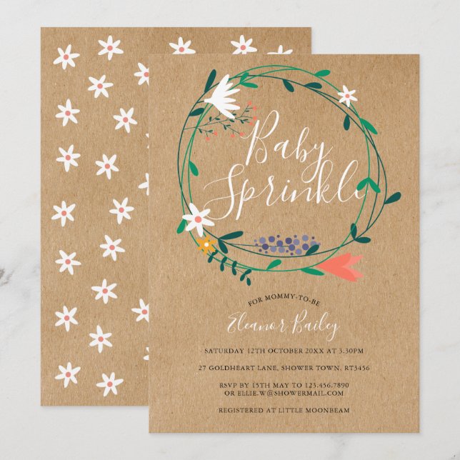 Floral Garland Baby Sprinkle Rustic Kraft Boho Invitation (Front/Back)