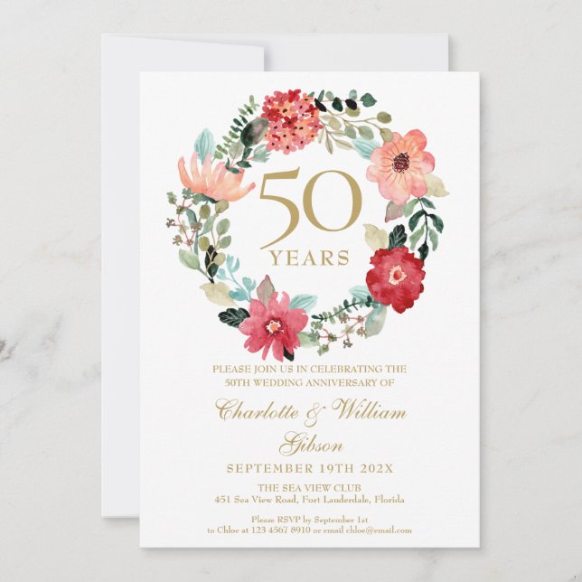 Floral Garland Chic Gold 50th Wedding Anniversary Invitation (Front)