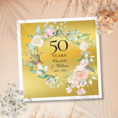 Floral Garland Gold Foil 50th Wedding Anniversary Napkins