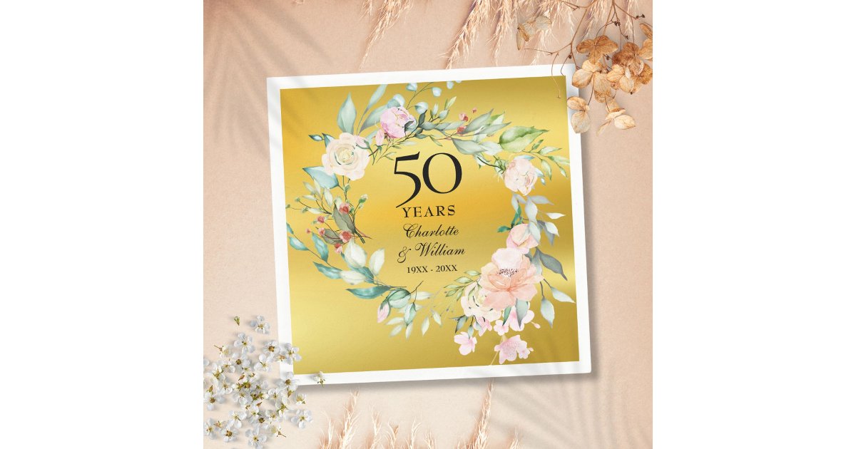 Floral Garland Gold Foil 50th Wedding Anniversary Napkins | Zazzle