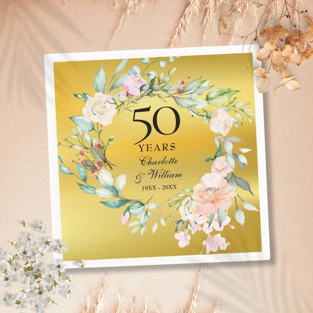 Floral Garland Gold Foil 50th Wedding Anniversary Napkins (Floral Garland Gold Foil 50th Wedding Anniversary Napkins)