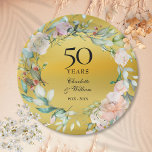 Floral Garland Gold Foil 50th Wedding Anniversary Paper Plates<br><div class="desc">Featuring a delicate watercolor floral garland on a gold foil background,  this chic botanical 50th wedding anniversary paper plate can be personalized with your special anniversary information in elegant text. Designed by Thisisnotme©</div>