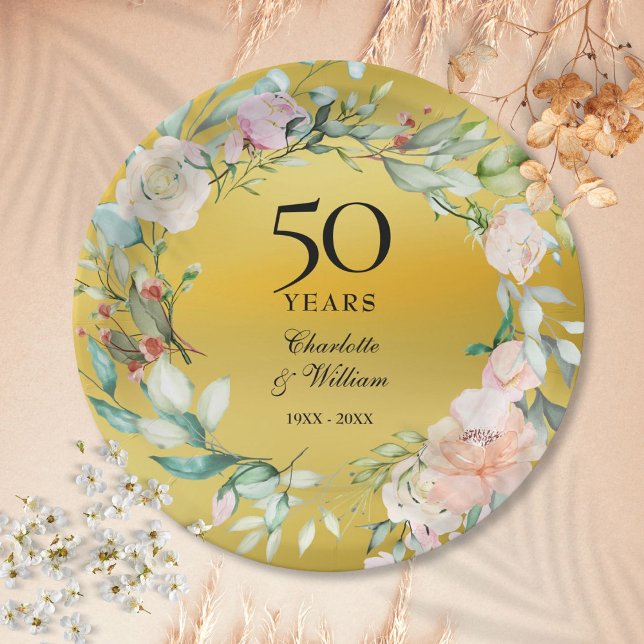 Floral Garland Gold Foil 50th Wedding Anniversary Paper Plates (Floral Garland Gold Foil 50th Wedding Anniversary Paper Plates)