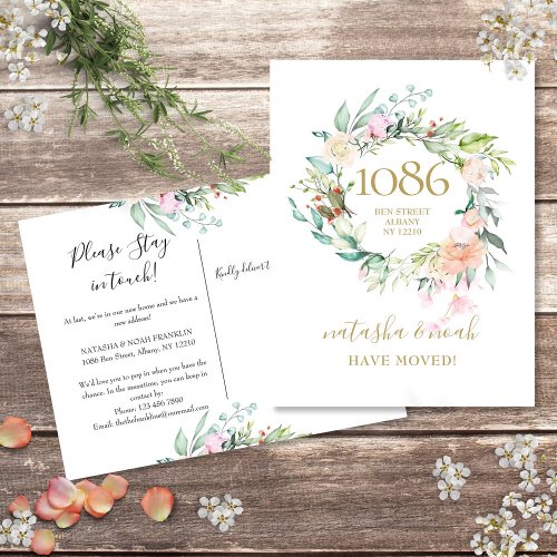 Floral Garland Gold New Address Weve Moved Home  Announcement Postcard
