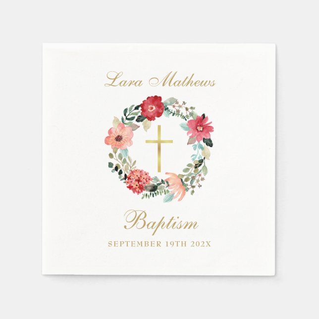 Floral Garland Gold Script Baptism Christening Napkins (Front)
