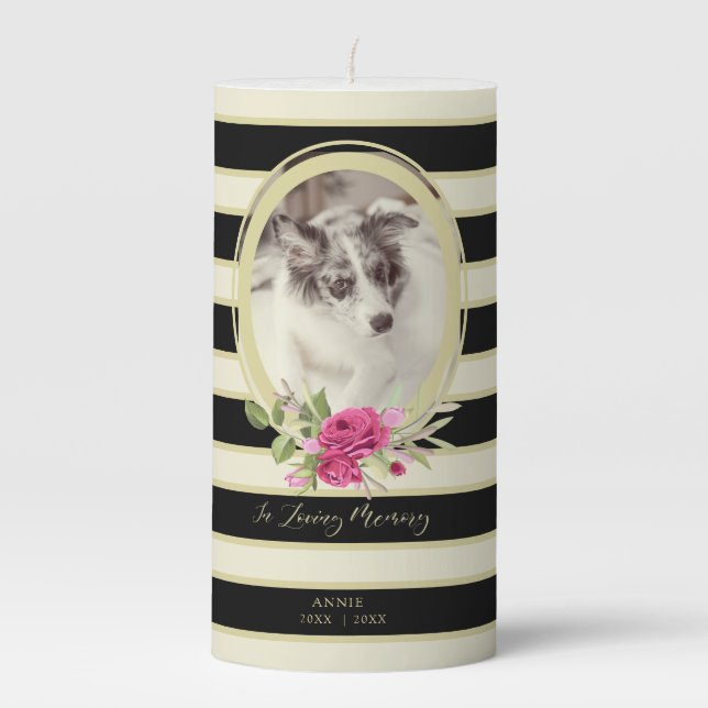 Floral Garland Memorial Pet Cat Dog Golden & Black Pillar Candle (Front)