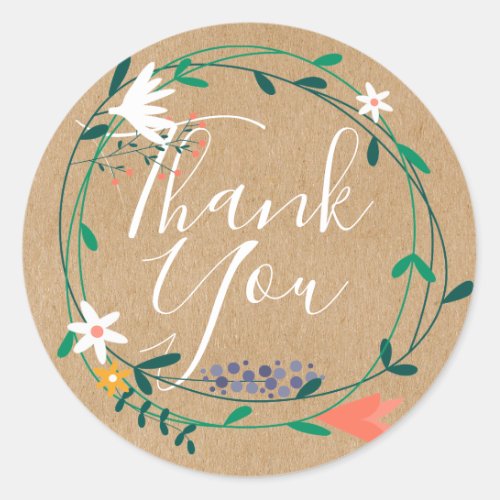 Floral Garland Script Thank You Rustic Kraft Boho Classic Round Sticker