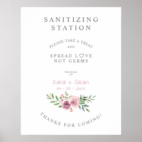 Floral Garland Wedding Sanitizing Hand Gel Station Poster