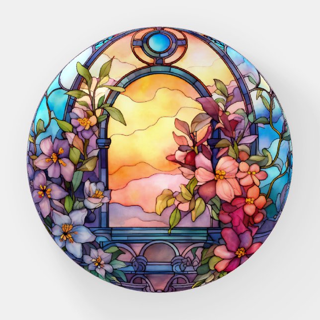 Floral Garland with Sunset Stained-Glass Look Paperweight (Front)