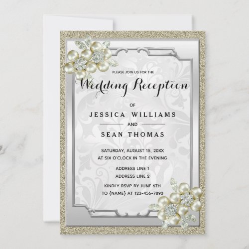 Floral Gem Framed Gold  Silver Wedding Reception Invitation