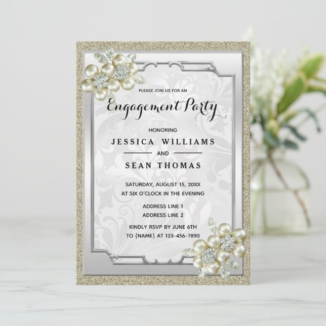 Floral Gem Silver Framed, Gold & Silver Engagement Invitation (Standing Front)