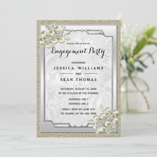 Floral Gem Silver Framed Gold  Silver Engagement Invitation
