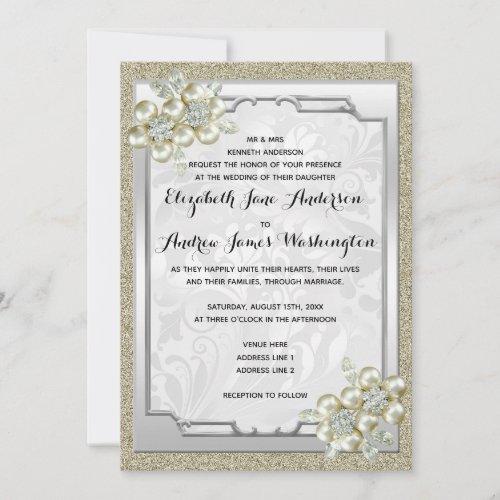 Floral Gem Silver Framed Gold  Silver Wedding Invitation