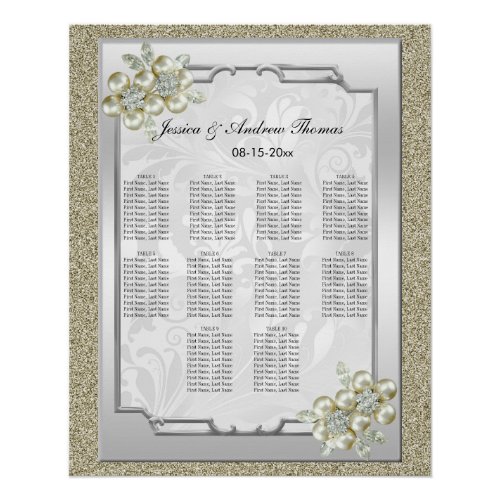 Floral Gem Silver Framed Gold  Silver Wedding Poster