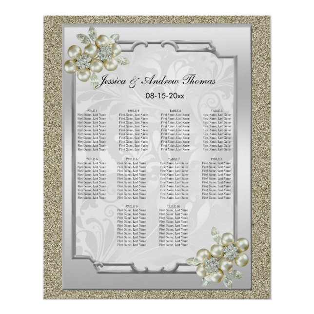 Floral Gem Silver Framed, Gold & Silver Wedding Poster (Front)