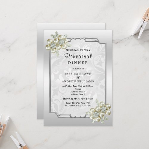 Floral Gem Silver Framed Wedding Dinner Rehearsal Invitation