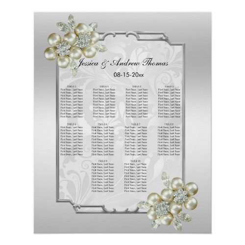 Floral Gem Silver Framed Wedding Seating Chart