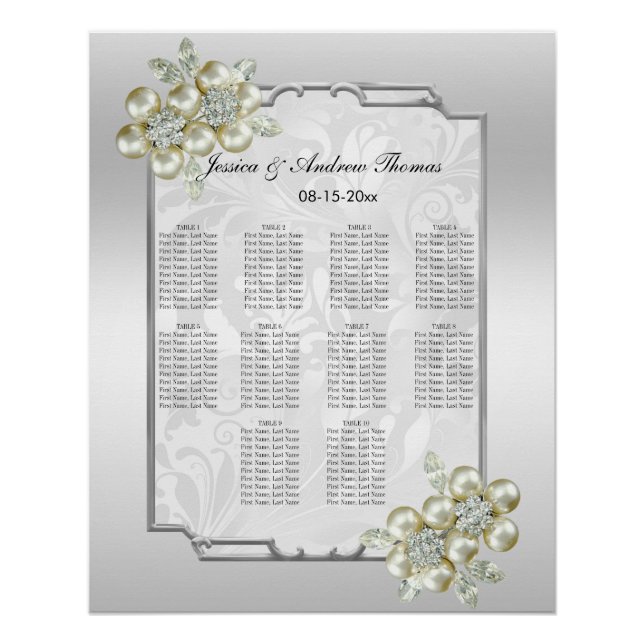 Floral Gem, Silver Framed Wedding Seating Chart (Front)