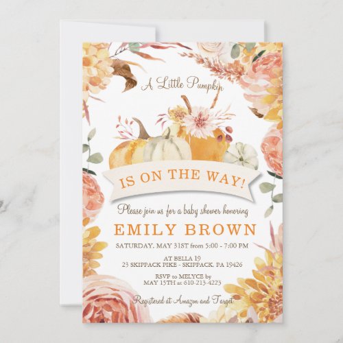 Floral Gender Neutral Little PUMPKIN BABY SHOWER Invitation