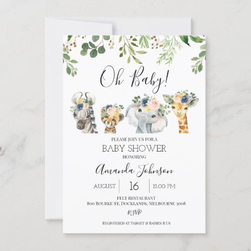 Floral Gender Neutral Safari Baby Shower  Invitation