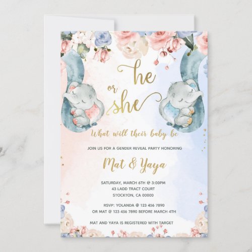 Floral Gender Reveal Elephant Baby Shower Invitation