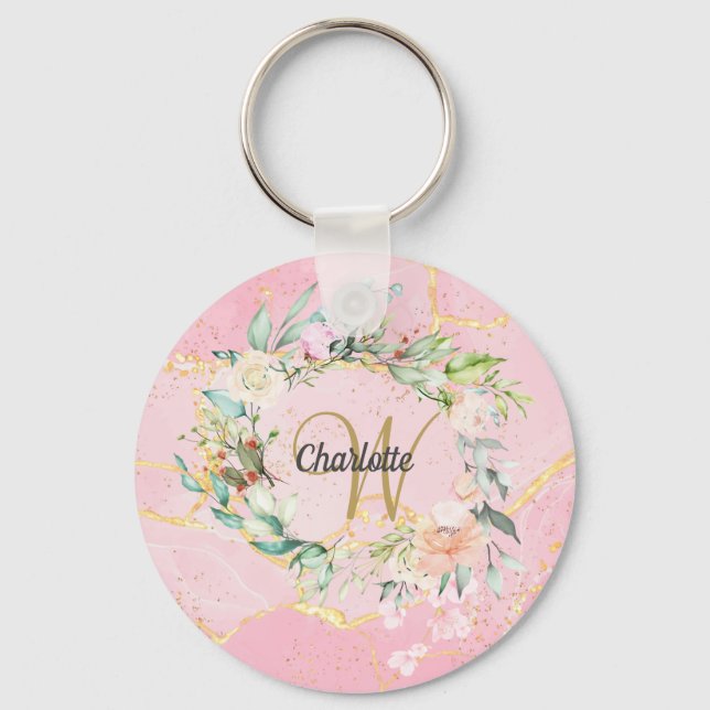 Floral Geode Agate Gold Script Monogram  Keychain (Front)