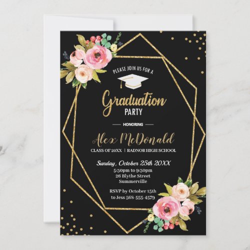 Floral Geometric Black and Gold Graduation Party Invitation