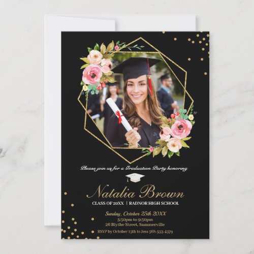 Floral Geometric Black and Gold Graduation Photo Invitation