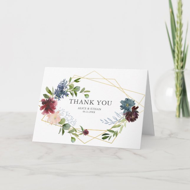 Floral Geometric Blue Burgundy Wedding Thank You Card (Front)