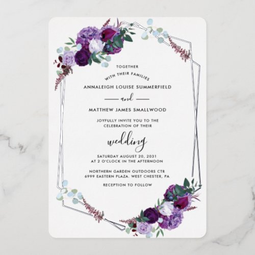 Floral Geometric Botanical Purple Wedding Silver Foil Invitation