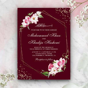 Floral Geometric Frame Burgundy Islamic Wedding Invitation