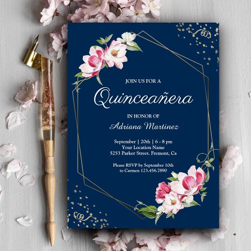 Floral Geometric Frame Navy Blue Quinceanera Invitation