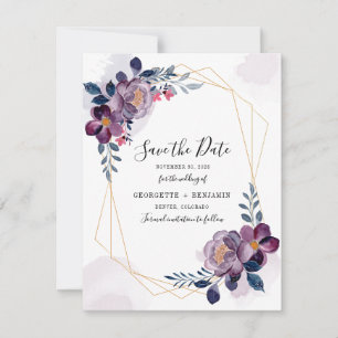 Floral Geometric Frame Purple Flowers Save Date
