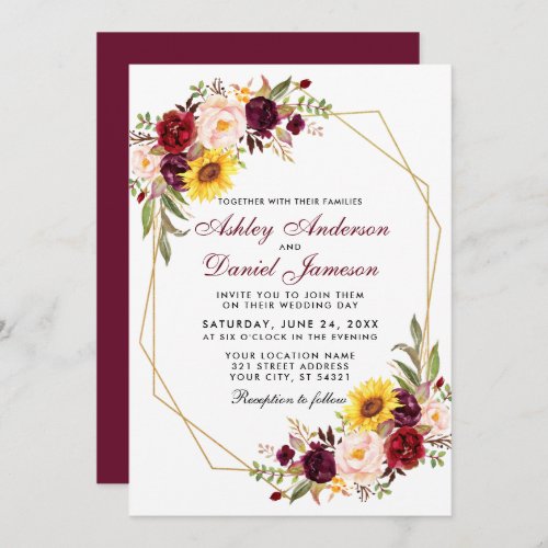 Floral Geometric Gold Frame Burgundy Wedding Invitation