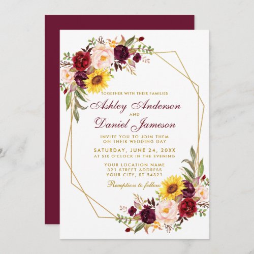 Floral Geometric Gold Frame Wedding Burgundy Invitation