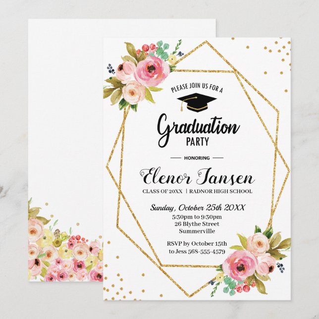 Floral Geometric Gold Glitter Graduation Party Invitation (Front/Back)