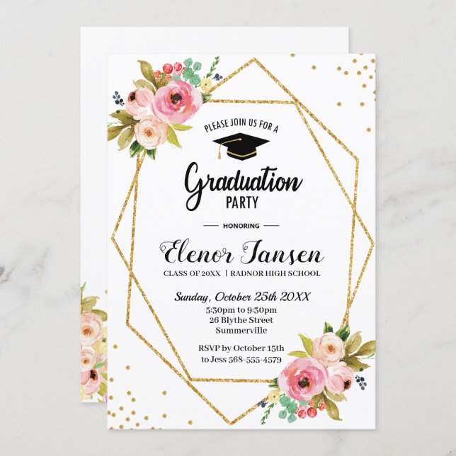 Floral Geometric Gold Glitter Graduation Party Invitation (Front/Back)