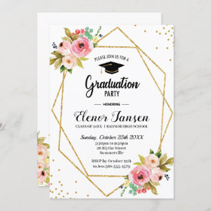 Floral Geometric Gold Glitter Graduation Party Invitation
