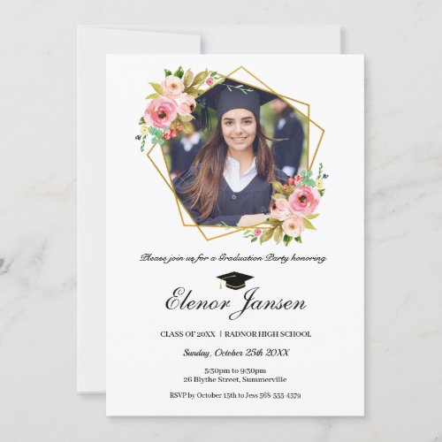 Floral Geometric Gold Glitter Graduation Photo Inv Invitation