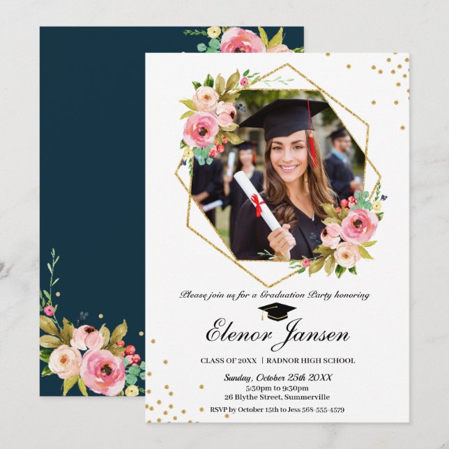 Floral Geometric Gold Glitter Graduation Photo Invitation (Front/Back)