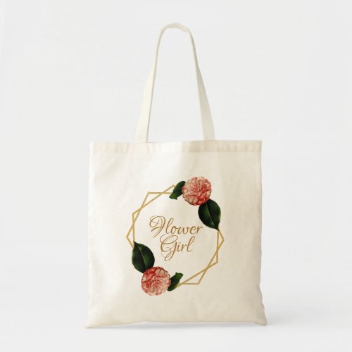 Floral Geometric Gold Pink Camellia Flower Girl Tote Bag