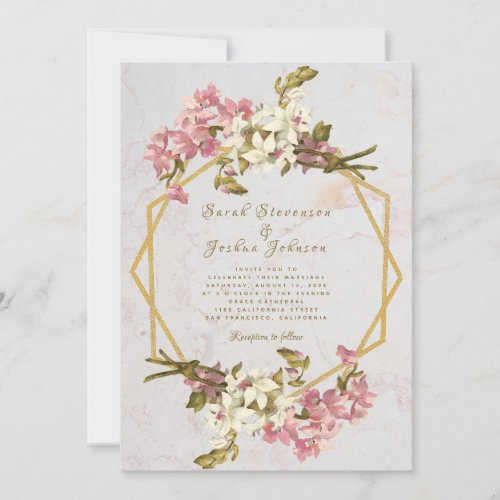 Floral Geometric Marble Gold and Flowers Wedding Invitation