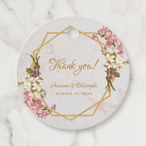 Floral Geometric Marble Gold and Orchids Wedding Favor Tags