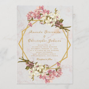 Floral Geometric Marble Gold and Orchids Wedding Invitation