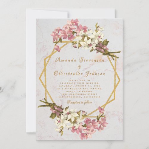 Floral Geometric Marble Gold and Orchids Wedding Invitation