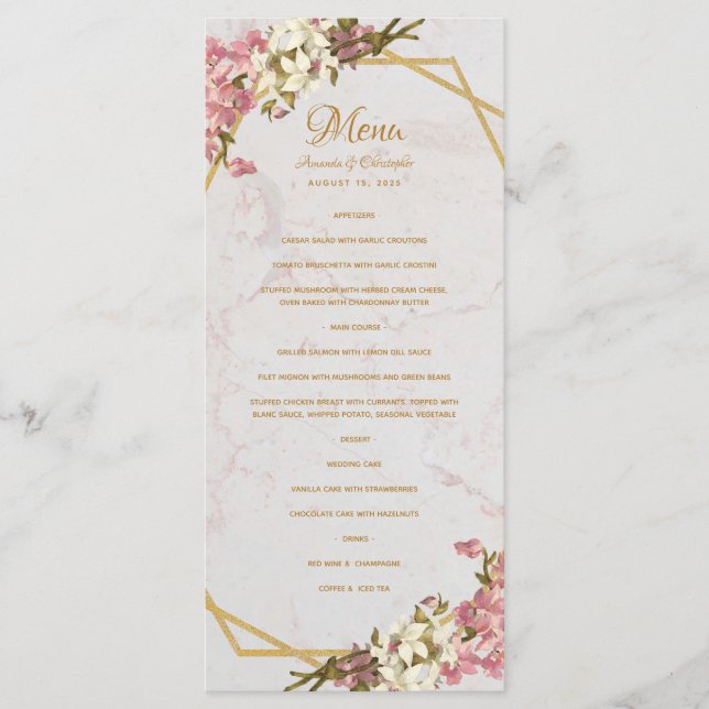 Floral Geometric Marble Gold and Orchids Wedding Menu (Front)