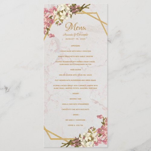 Floral Geometric Marble Gold and Orchids Wedding Menu