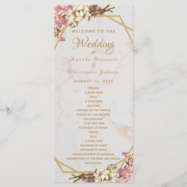Floral Geometric Marble Gold and Orchids Wedding Program (Front)